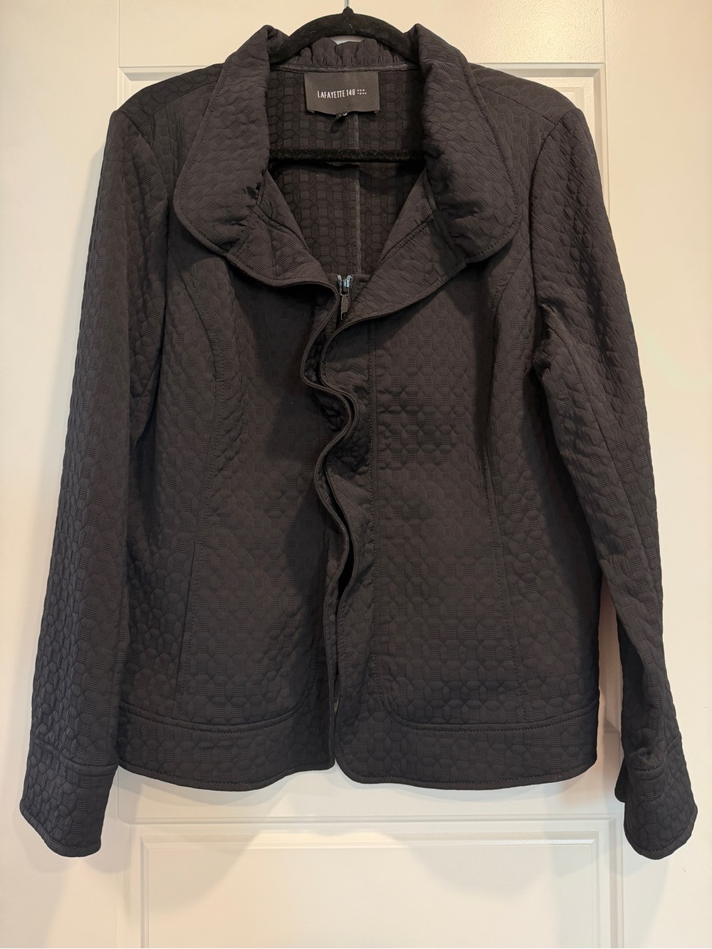 Lafayette 148 New York Ruffle Double Zip Front Quilted Texture Jacket Womens 14